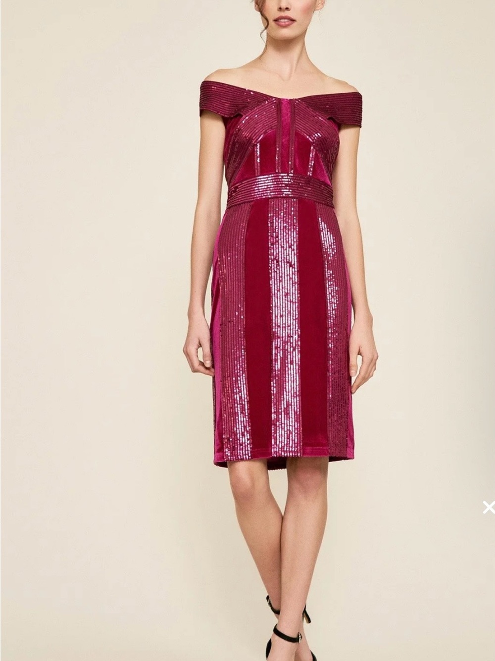 Tadashi Shoji Rhea Velvet & Sequin Stripe Dress off shoulder